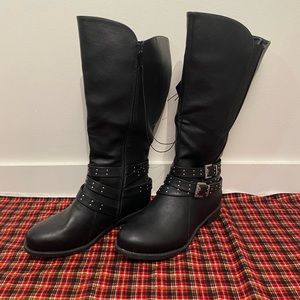 BLACK 9 extra wide calf high riding style boots with silver buckle detailing